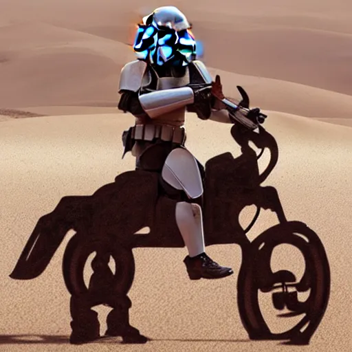 Prompt: an imperial stormtrooper riding on a bunny in the desert