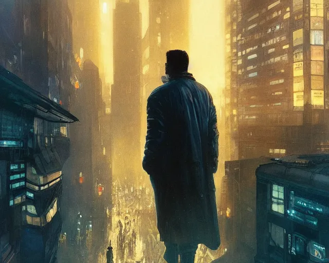 Image similar to 2 0 1 8 blade runner movie still man look at the cityscape from roof perfect face fine realistic face pretty face neon puffy jacket blue futuristic sci - fi elegant by denis villeneuve tom anders zorn hans dragan bibin thoma greg rutkowski ismail inceoglu illustrated sand storm alphonse mucha