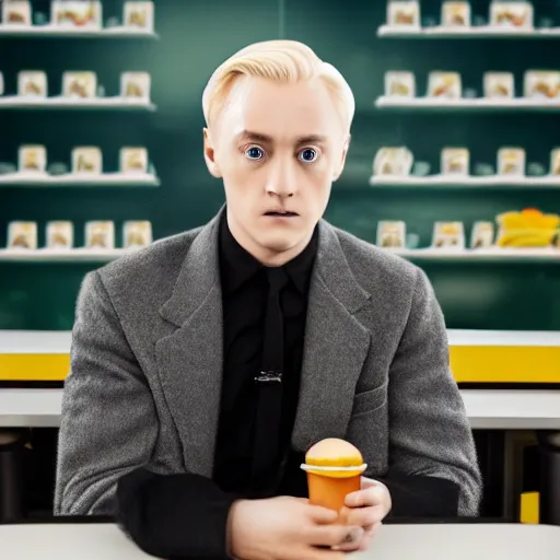 Image similar to Draco Malfoy sitting at a booth in McDonalds, McDonalds interior background, photo