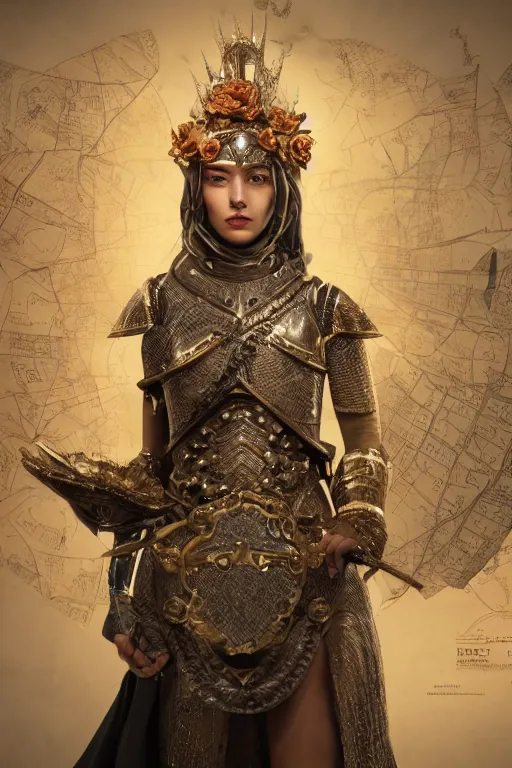 Image similar to hyperdetailed matte illustration of a female knight wearing an ornate gold headpiece and holding a flower with a map of the collective subconscious in the background by octane render