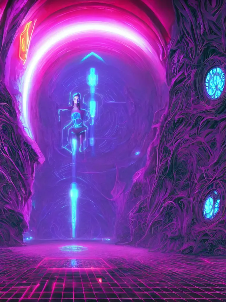 Image similar to entrance to matrix ethereal realm, ai sentient, rendered in unreal engine, central composition, symmetrical composition, dreamy colorful cyberpunk colors, 6 point perspective, fantasy landscape with anthropomorphic terrain in the styles of igor morski, jim warren and rob gonsalves, intricate, hyperrealistic, volumetric lighting, neon ambiance, distinct horizon