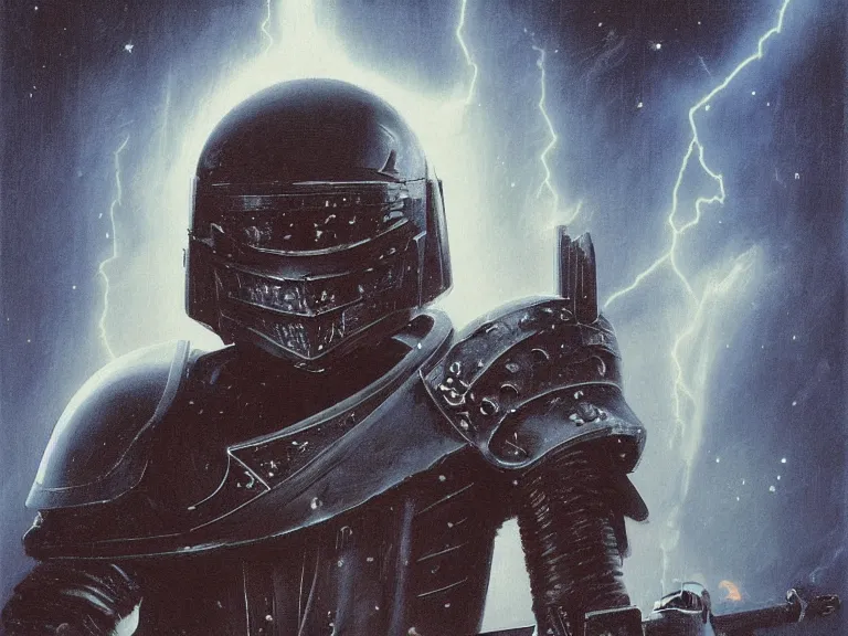 Image similar to a detailed profile painting of a bounty hunter in black knight armour and visor sharpening a sword. cinematic sci-fi poster. Cloth and metal. Welding, fire, flames, samurai Flight suit, accurate anatomy portrait symmetrical and science fiction theme with lightning, aurora lighting clouds and stars. Clean and minimal design by beksinski carl spitzweg giger and tuomas korpi. baroque elements. baroque element. intricate artwork by caravaggio. Oil painting. Trending on artstation. 8k