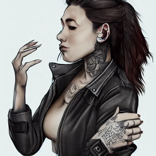 Image similar to Hot young woman with grey skin, tattoos, wearing a leather jacket, opening her armsa and asking for a hug concept art