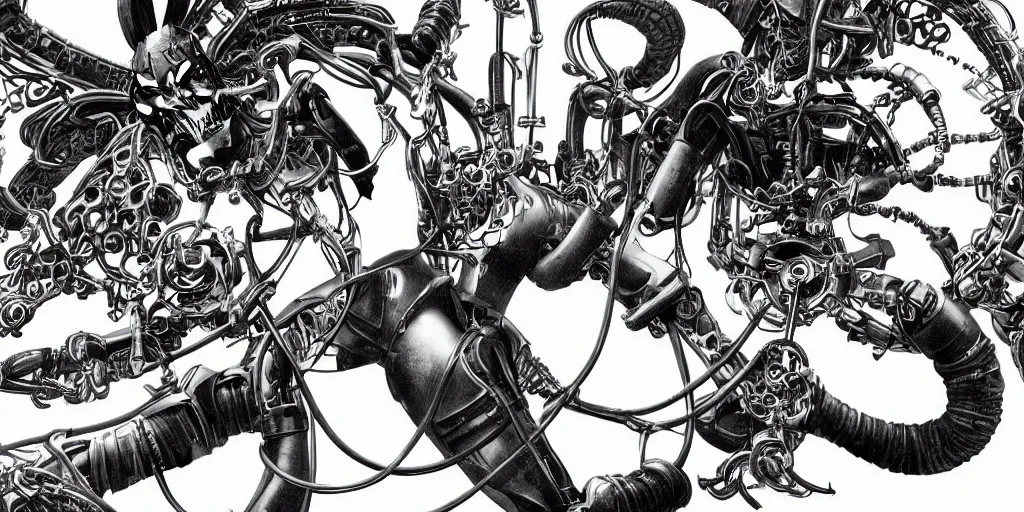 Prompt: mechanical baphomet, cables, virtual reality, AI, by Kazuma Kaneko, by Masamune Shirow, H 576