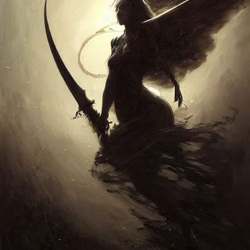 Image similar to death swinging her scythe, hyperdetailed, artstation, cgsociety, by greg rutkowski, by Gustave Dore