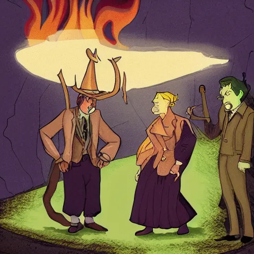 Image similar to professor lupin and breanne of tarth having a rap battle in hell, whimsical