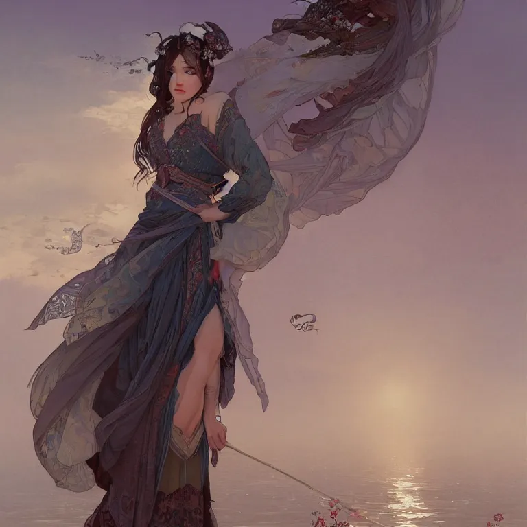 Image similar to portrait of a beautiful seductive slightly plump european girl wearing hanfu walking on water, farm background, fantasy, d & d, dark eyeliner, intricate, elegant, highly detailed, digital painting, artstation, concept art, matte, sharp focus, illustration, art by greg rutkowski and alphonse mucha
