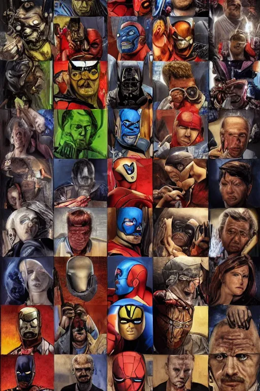 Prompt: Hyperrealism, mugshot of Super Heroes who are now Evil, Symmetrical face, Comical, Rembrandt Lighting, Film Grain, Portrait, Marvel Comics, Marvel Comic Book Characters, Feeling of disgust, Criminal, intricate details, 4k detail post processing, hyperrealistic, ultra detailed, cinematic