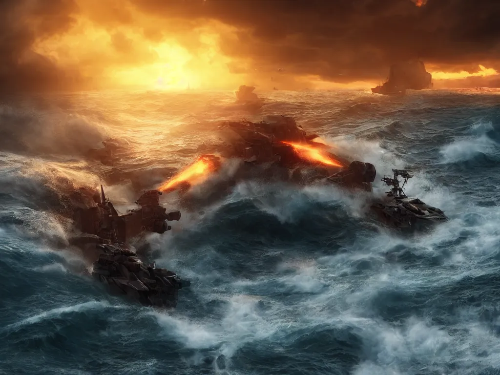 Prompt: breaking apart crashing damaged and on fire mecha battleship sailing alone on a stormy sea at sunset,large waves, explosions, battletech, octane render , cinematic