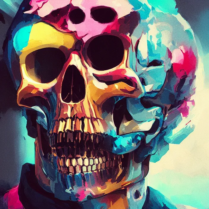 Image similar to a colorful comic noir illustration painting of a cyberpunk skull by sachin teng and sergey kolesov and sam yang. in style of 3 d art. hyper detailed, sharp focus, soft light. octane render. ray tracing. trending on artstation