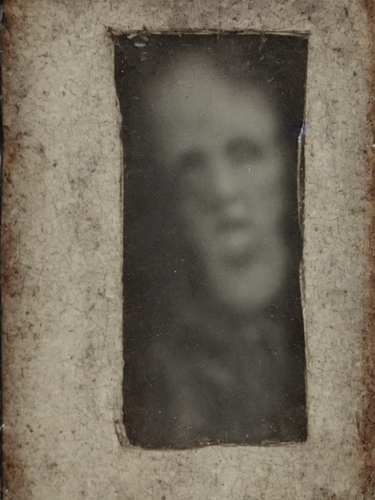 Image similar to found tintype photograph. a ghost's face in a tudor house window