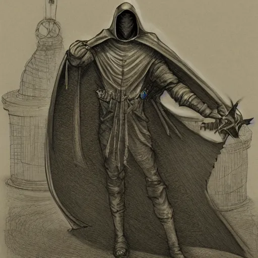 Image similar to a mysterious hooded man with face shrouded in darkness standing before the ruin of an enormous armillary sphere, dark and forboding, concept art