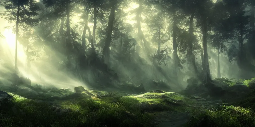 Prompt: epic fantasy landscape in a forest, hyper mystical, filmic, cinematic, cinematic lighting, fog, god rays, volumetric lighting