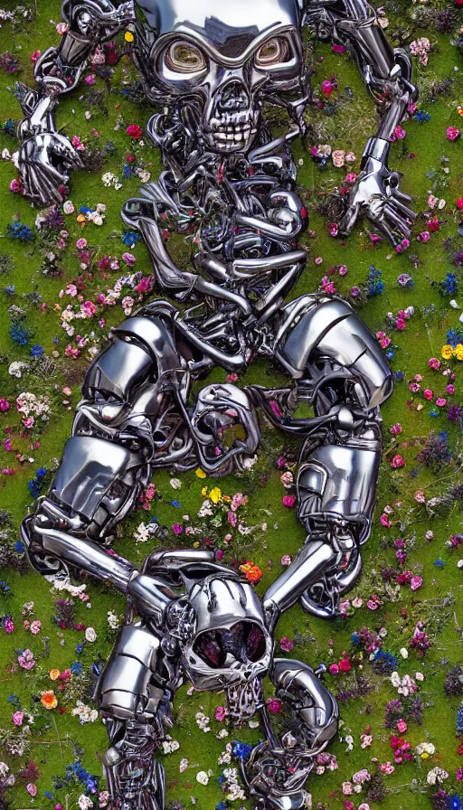 Image similar to destroyed terminator lying in a field of flowers, twisted metal, chrome, reflections, anthropomorphic, photorealism, smoke, metal, 8 k, surreal, wires, smooth, sharp focus, top view, extremely detailed, hyperrealism, elegant, establishing shot, by jeff koons, artgerm and greg rutkowski