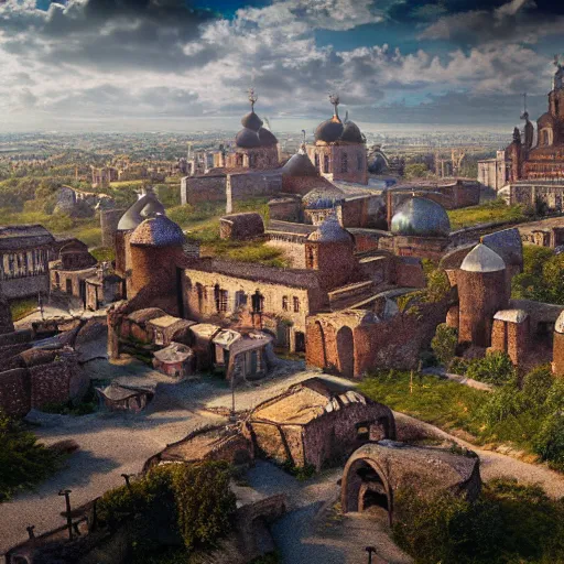 Prompt: photo ancient Russian city of Kitezh, ancient Slavs, concept art, fantasy cityscape, ancient Russian architecture, terem, top cinematic lighting , cinematic mood, very detailed, shot in canon, 8k, high resolution