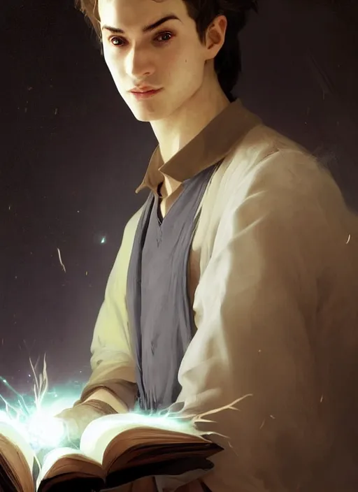 Prompt: character concept portrait of an attractive young clever Spanish wizard with pale golden skin enchanting an explosion curse, a floating iridescent spell book in the center, intricate, elegant, digital painting, concept art, smooth, sharp focus, illustration, from Metal Gear, by Ruan Jia and Mandy Jurgens and William-Adolphe Bouguereau, Artgerm