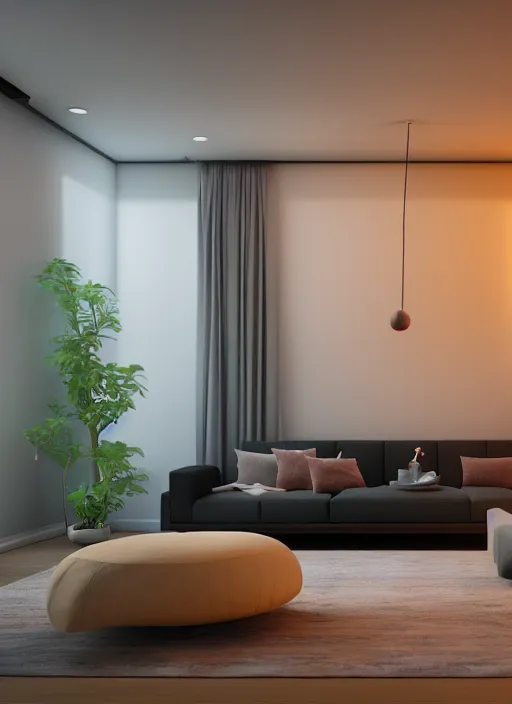 Prompt: a detailed octane render of a modern living room interior, volumetric lighting, ray tracing, dramatic lighting, unreal engine 5, physical based render. balanced and aesthetically pleasing colors.