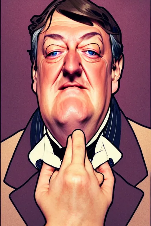 Image similar to stephen fry winking his left eye at the camera, in the style of art by artgerm and greg rutkowski and alphonse mucha