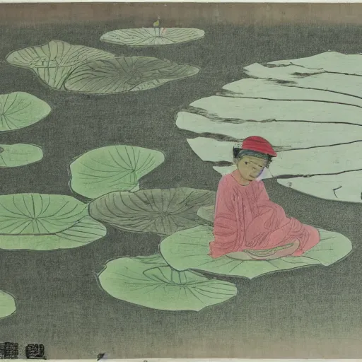 Prompt: in the style of lengjun, a boy is Looking at the lotus in the lake,very high details, facial details