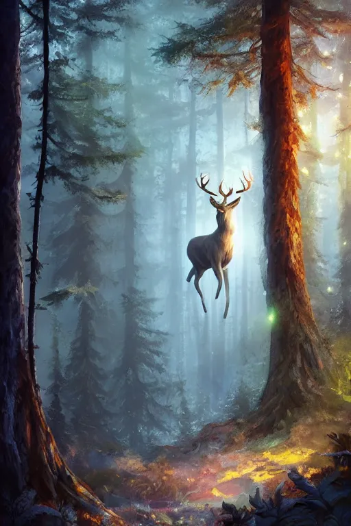 Image similar to Magical White Stag, lush evergreen forest, vivid colors, night scene, 4K, character concept art, oil painting, digital painting, painterly, cinematic lighting, rule of thirds, trending in artstation, cgsociety, by anato finnstark, Artgerm, Greg Rutkowski, Joseph Christian Leyendecker