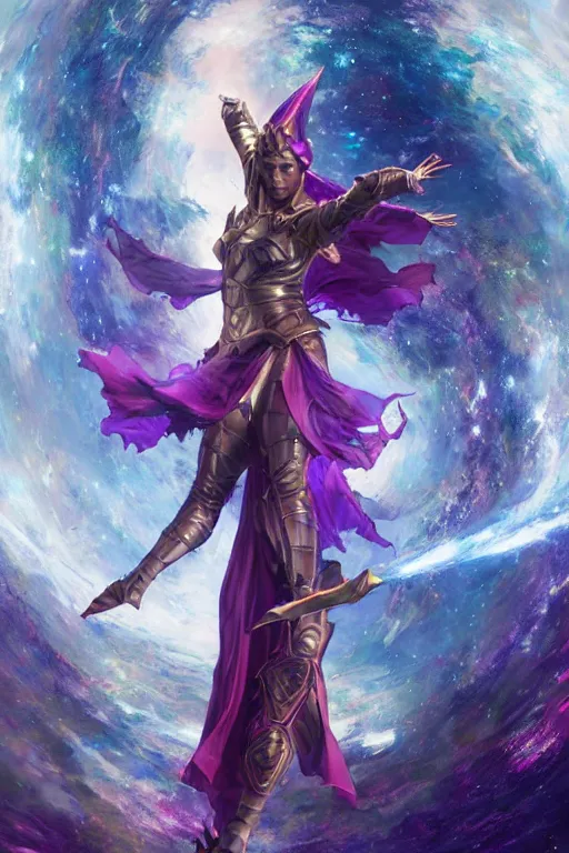 Prompt: portrait of the dome diceling dancer wearing galaxy hall cape and magical druid staff by artgerm and Craig Mullins, James Jean, Andrey Ryabovichev, Mark Simonetti and Peter Morbacher 16k
