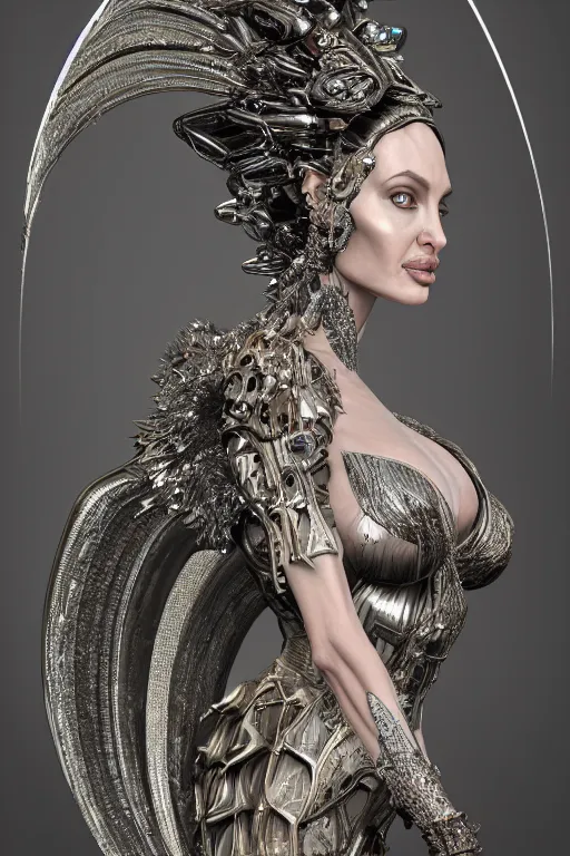 Prompt: a highly detailed 4 k render portrait of an alien goddess angelina jolie in iris van herpen dress schiaparelli armor in diamonds and lots of jewelry in style of alphonse mucha trending on artstation made in unreal engine 4