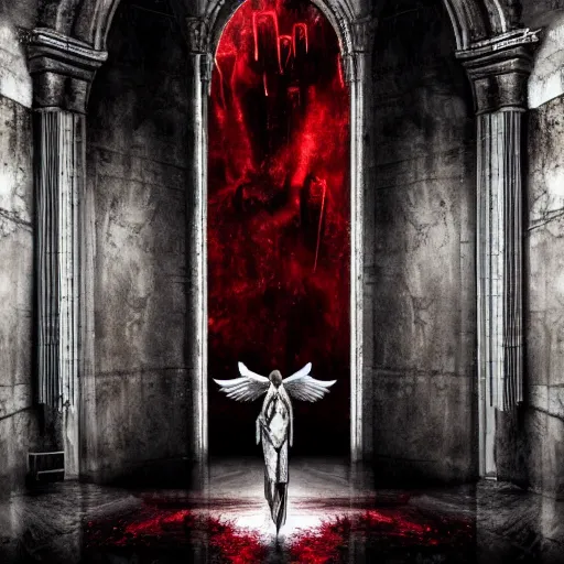 Image similar to hyper realistic photography of an archangel in front of hell's gate. complex architecture, blood drops on the walls. dark background. high details, trending on artstation