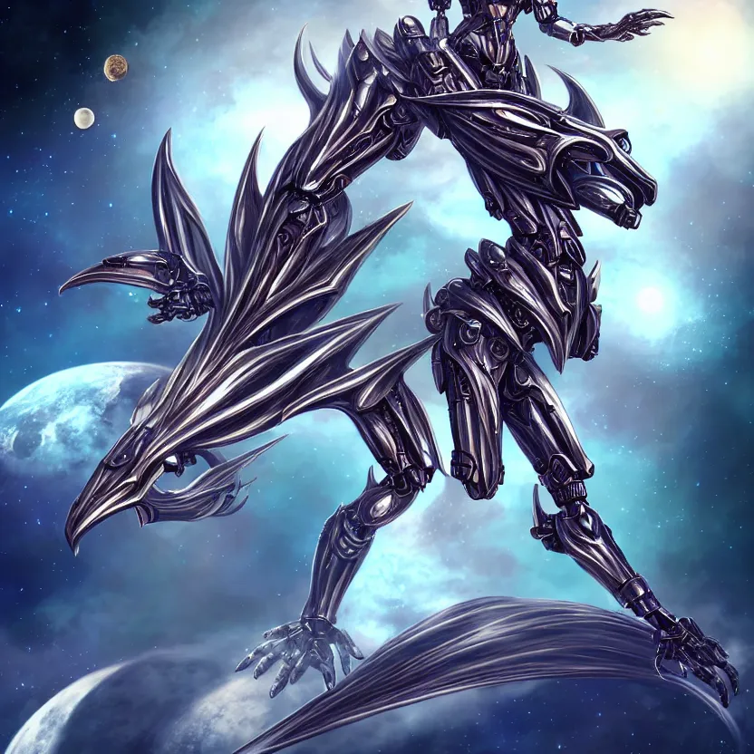 Image similar to goddess shot, galactic sized stunning beautiful anthropomorphic robot mecha female dragon, in space, larger than planets, posing elegantly, holding earth in sharp claws, detailed silver armor, epic proportions, epic scale, ultra detailed digital art, furry art, macro art, dragon art, giantess art, warframe fanart, furaffinity, deviantart, realistic