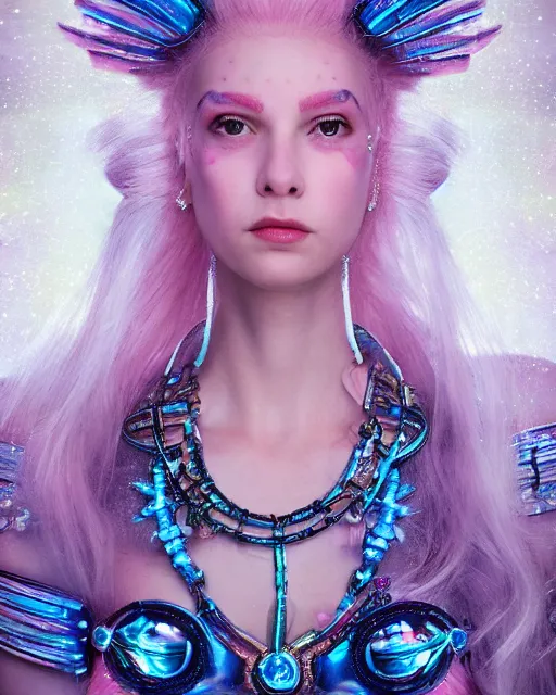 Image similar to natural light, soft focus portrait of a android with soft synthetic pink skin, blue bioluminescent plastics, smooth shiny metal, elaborate diamond ornate head piece, piercings, face tattoo, skin textures, by annie liebovotz, paul lehr,