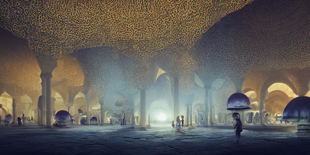 Image similar to Photorealistic mosque in giant glowing mushroom underworld, with great domes and arches, people and androids wearing traditional japanese clothing. Hyperdetailed photorealism, UHD, amazing depth, glowing rich colors, golden ration, 3D octane cycle unreal engine 5, 3d shading, cinematic lighting, artstation concept art