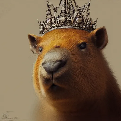 Image similar to detailed photorealistic mugshot of a capybara wearing a highly detailed ornamented crown, sharp focus, in the style of ruan jia, Mandy jurgens, cinematic light, concept art, trending on artstation, ultra realistic