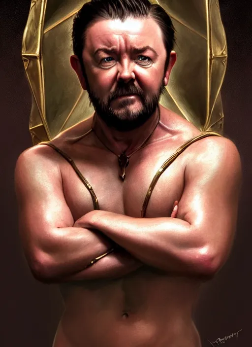 Prompt: portrait of ricky gervais as a minotaur, d & d, muscular! fantasy, intricate, elegant, highly detailed, digital painting, artstation, concept art, smooth, sharp focus, illustration, art by artgerm and greg rutkowski and alphonse mucha