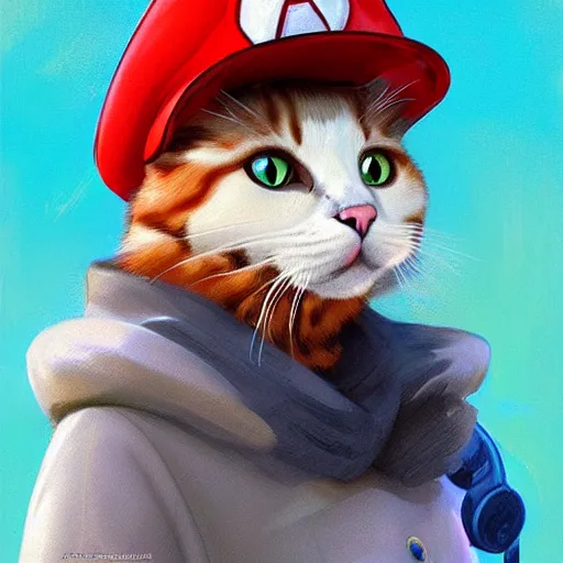 Image similar to Portrait of a Cat dressed as Super Mario, Mario hat, kawaii aesthetic, nintendo, highly detailed, digital painting, artstation, concept art, smooth, sharp focus, illustration, art by artgerm and greg rutkowski and alphonse mucha