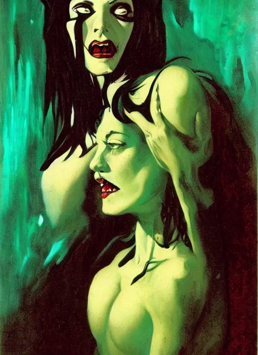 Prompt: portrait of carmilla vampire, gothic horror, by frank frazetta, candlelit catacombs, vibrant colors, teal and magenta