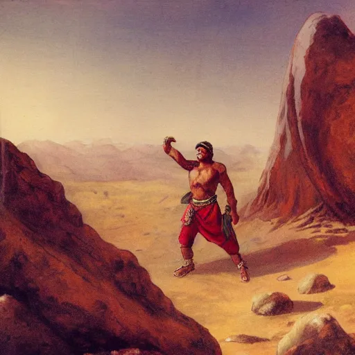 Prompt: persian folktale, barbarian on mars, standing atop boulder overlooking expanse, masked