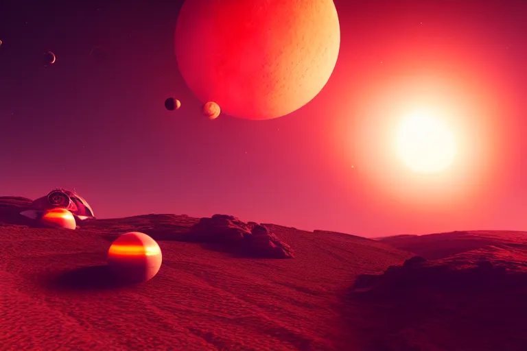 Prompt: a desert world planet with a crashed spaceship. 3 moons in the sky. hyper-realistic photo artistic trending on artstation beautiful scenic octane render reddish hue highly detailed, 8k, epic composition