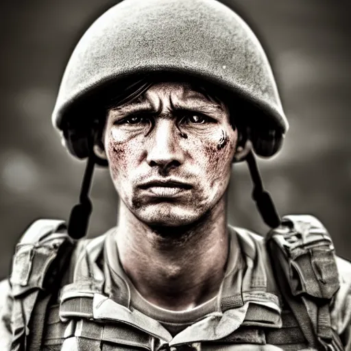 Image similar to soldier!!!!! portrait!!!!! pain, eyes, shoulders, sadness, soft focus, photography