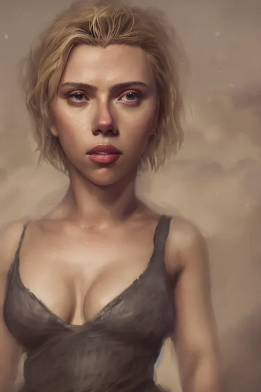 Image similar to a fancy portrait of Scarlett Johansson with scars on her body by Greg Rutkowski, Sung Choi, Mitchell Mohrhauser, Maciej Kuciara, Johnson Ting, Maxim Verehin, Peter Konig, final fantasy , mythical, 8k photorealistic, cinematic lighting, HD, high details, atmospheric,