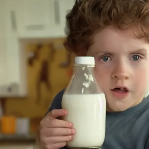 Prompt: milk commercial, kid is holding a comically huge vessel of milk and failing to drink it