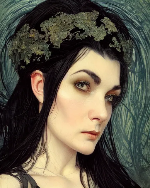 Prompt: portrait of a tall 4 0 - year - old woman with thin lips, long, lush black hair, and thick eyebrows, wearing in black clothes, hyper realistic face, beautiful eyes, close up, fantasy art, in the style of greg rutkowski, intricate, alphonse mucha, hyper detailed, smooth