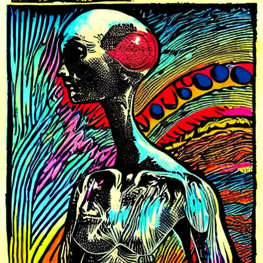 Image similar to psychedelic alien dreamscape, 1883 newspaper pop art