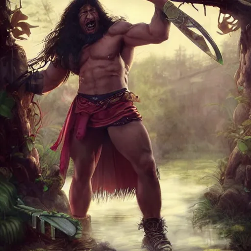 Prompt: a hyper realistic keyframe of a cartoon character brought to the real world, a combination of a beefy conan the barbarian and a warlock with a kind heart, the setting is a normal suburban backyard by Huang Guangjian and Gil Elvgren and Sachin Teng 8k,