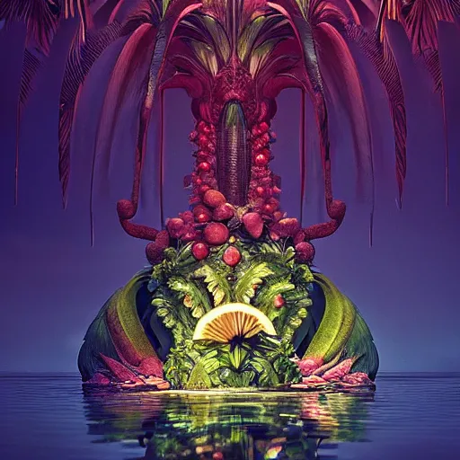 Image similar to tropical fruit creature in a lush trunda vegetation, water reflection, night, backlit, warm tones, bioluminescent : by michal karcz, daniel merriam, victo ngai and guillermo del toro : ornate, dynamic, particulate, intricate, elegant, highly detailed, centered, artstation, smooth, sharp focus, octane render