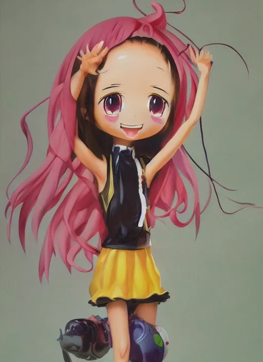 Prompt: a hyperrealistic oil painting of a kawaii anime girl figurine caricature with a big dumb grin featured on Nickelodeon by Dave McKean