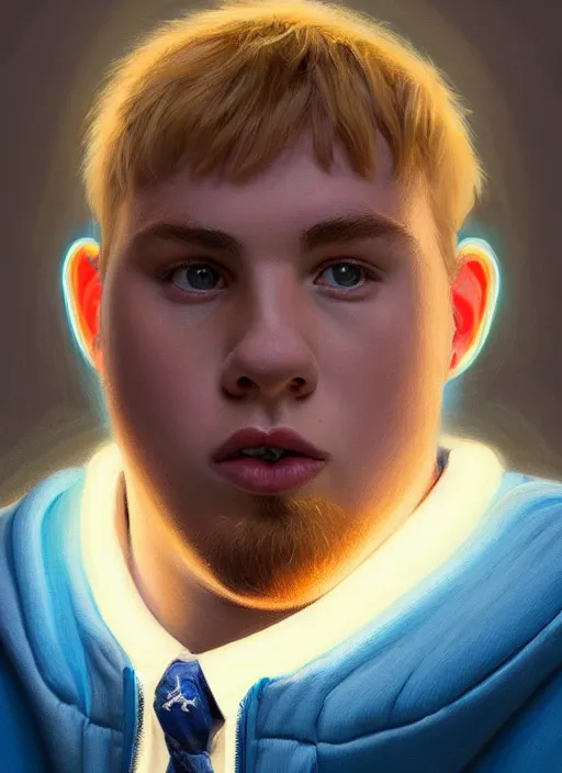 Image similar to portrait of high school senior boy named big moose, blonde short hair, jock, beefy, wide face, square jaw, square facial structure, blue varsity jacket with letter r, intricate, elegant, glowing lights, highly detailed, digital painting, artstation, concept art, sharp focus, illustration, art by wlop, mars ravelo and greg rutkowski