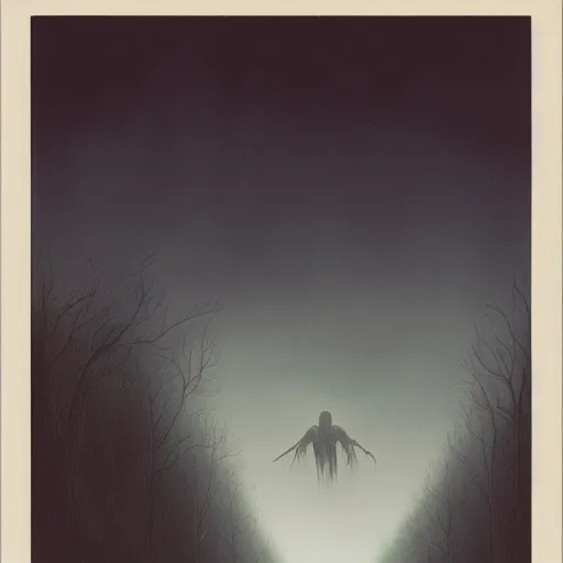 Image similar to creepy humanoid masculine silhouette hovering above a foggy road, gerald brom, horror