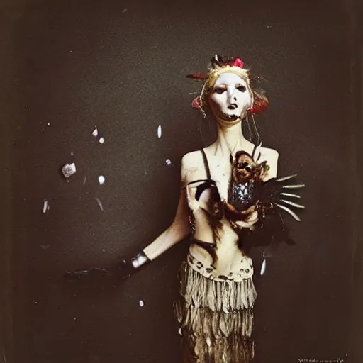 Image similar to damaged kodak portra 4 0 0, wetplate, photo of a surreal artsy dream scene,, very beautiful model, weird fashion, grotesque, extravagant dress, strange pose, carneval, with an animal, wtf, photographed by paolo roversi style