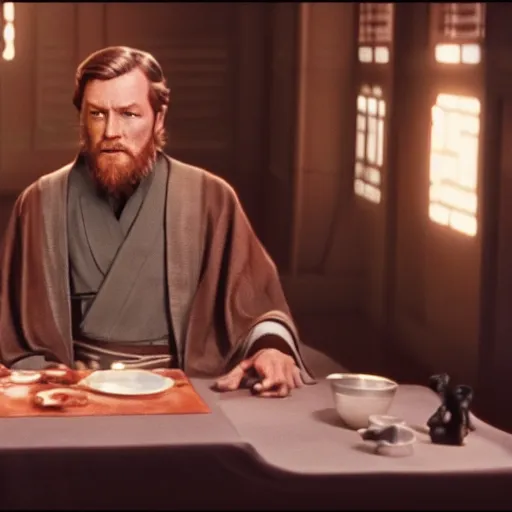 Image similar to Obi Wan! sits at a table with Palpatine! and Drinks tea. Screenshot from Movie, Movie Still, 8k, High Resolution, Highly Detailed