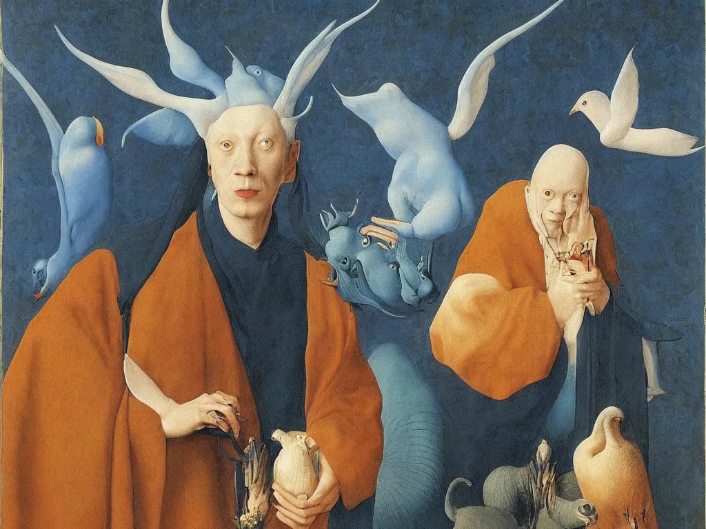 Image similar to Portrait of albino mystic with blue eyes, with exotic beautiful megafauna. Painting by Jan van Eyck, Audubon, Rene Magritte, Agnes Pelton, Max Ernst, Walton Ford