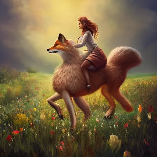 Image similar to girl riding a giant fox in a field of flowers, trending on artstation